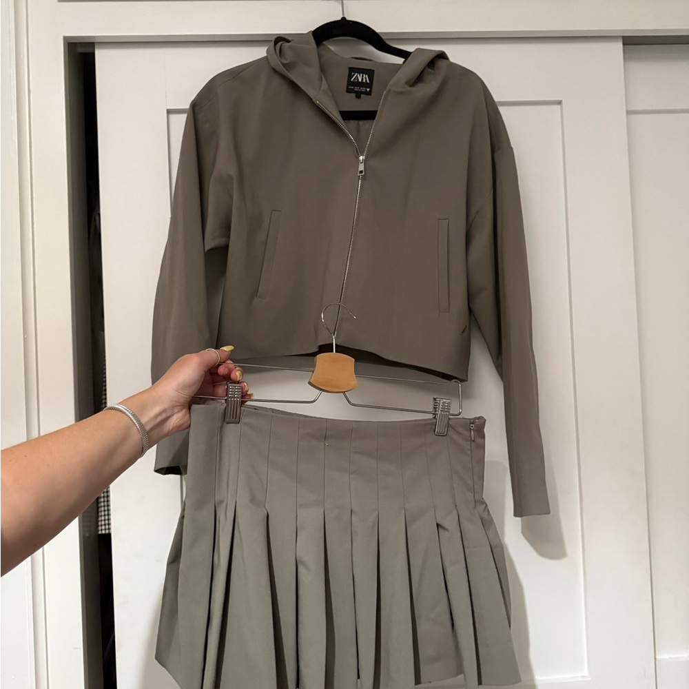 Zara Taupe Hoodie and Pleated Skirt Set